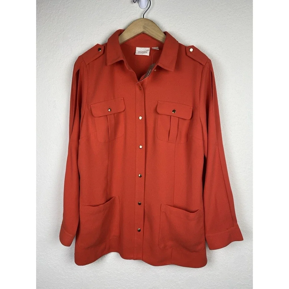 Chicos Size 2 L Utility Jacket Orange Gold Button Cargo Pocket Military Shirt